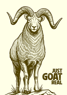 Goat with Large Horns and Text