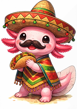 Cute Axolotl with Taco and Sombrero