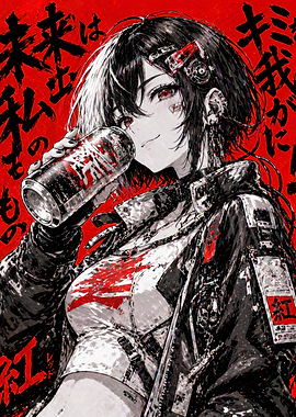 Anime Girl with Drink and Cyberpunk Style