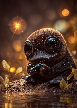 Cute Baby Platypus Holding Crayfish