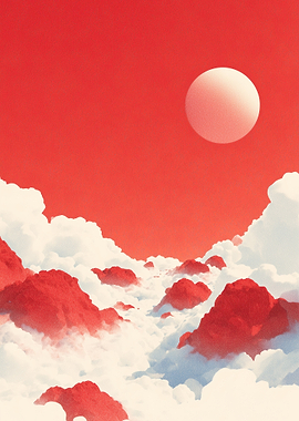 Surreal Red Sky with Clouds and Moon