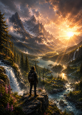 Hiker Overlooking Mountain Valley at Sunset