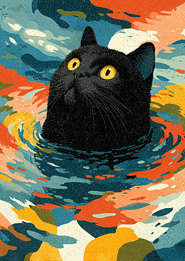 Black Cat in Colorful Water
