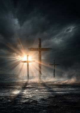 Three Crosses in Dramatic Light