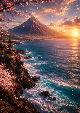 Mount Fuji Cherry Blossoms Sunset