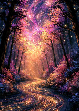 Enchanted Forest Stream with Swirling Lights