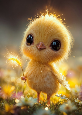 Cute Baby Chick Holding Wheat Stalk