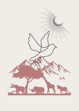 African Safari Scene with Bird and Moon