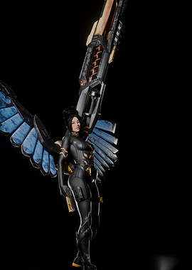 Futuristic warrior with wings and weapon