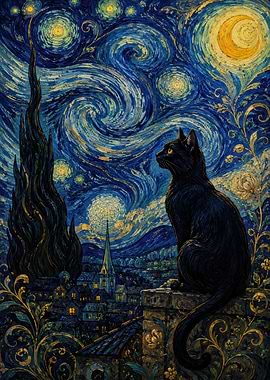 Black Cat on Starry Night