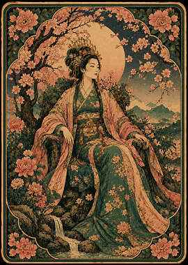 Elegant Asian Woman in Floral Kimono Tarot Card