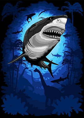 Shark and Dinosaurs in Surreal Blue Jungle