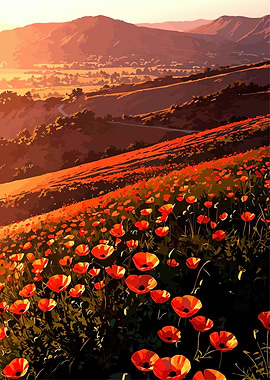 Poppy Field Landscape at Sunset
