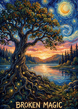 Enchanted Tree by a Starry Lake