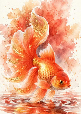Golden Koi Fish Watercolor Painting