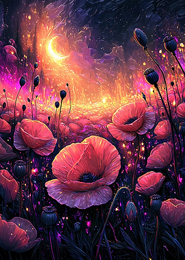 Enchanted Poppy Field Under a Crescent Moon