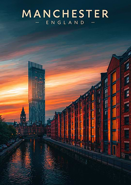 Manchester England Cityscape at Sunset