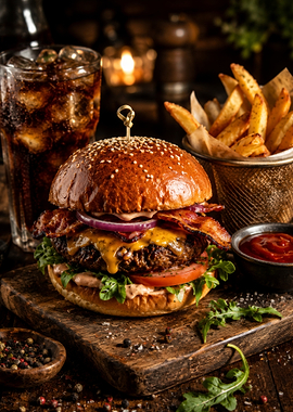 Gourmet Burger with Fries and Soda