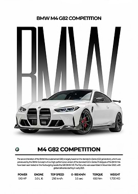 sleek white bmw m4 g82 Competition Poster