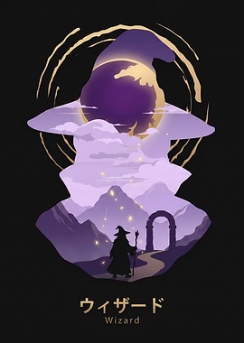 Wizard Silhouette in Magical Landscape