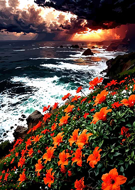 Dramatic Sunset Over Ocean with Flowers