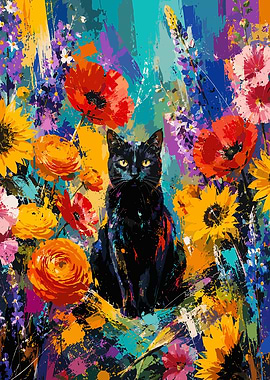 Black Cat in Vibrant Floral Painting