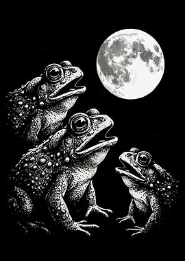 Mystic Toad Trio Moonlit Gothic Wall Art Print | Black and White Fantasy Poster