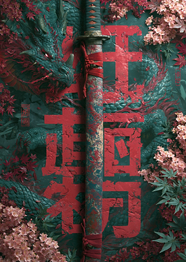 Dragon and Katana with Japanese Text