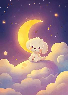 Cute Dog on Moon with Stars