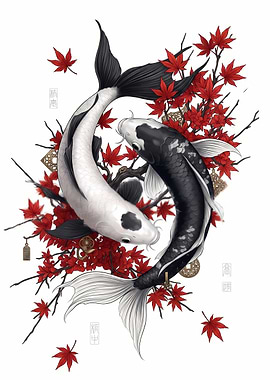 Yin Yang Koi Fish with Maple Leaves
