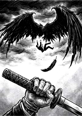 Dark Fantasy Scene with Falling Man and Raven
