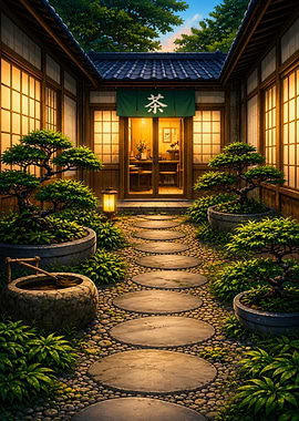 Tranquil Japanese Courtyard with Bonsai Trees