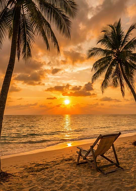 Tropical Beach Sunset with Lounge Chair