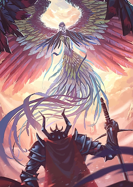 Knight faces angelic winged being
