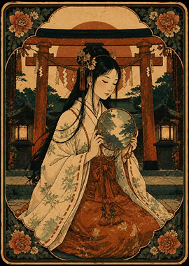 Geisha with Mirror at Shrine Tarot Card