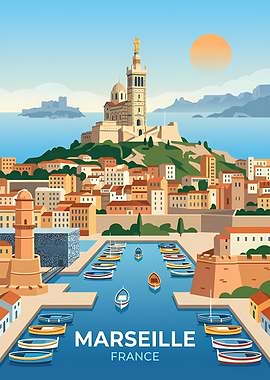 Marseille France Harbor Illustration
