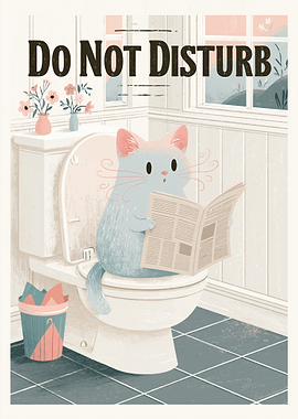 Cat Reading Newspaper on Toilet