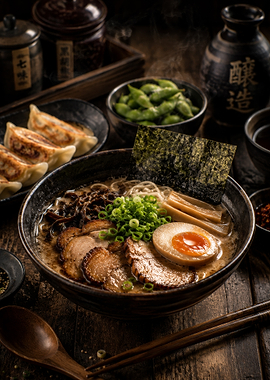 Steaming Bowl of Ramen with Sides
