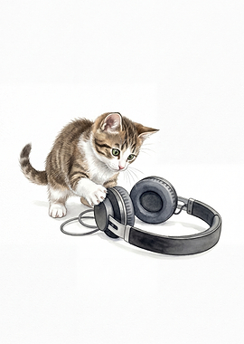 Kitten Playing with Headphones