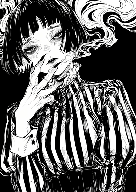 Gothic Girl Smoking with Striped Outfit