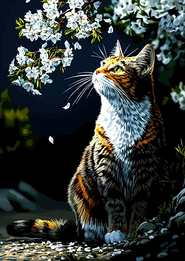 Cat Looking at Cherry Blossoms