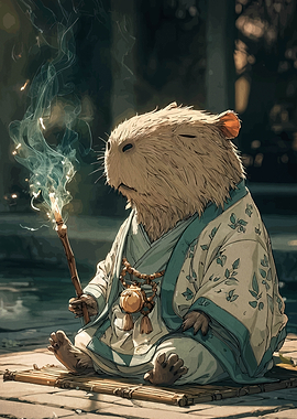 Capybara Monk Meditating with Incense