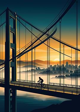 Cycling Print Cyclist on Golden Gate Bridge at Sunset