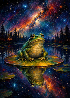 Frog on Lily Pad Under Starry Sky