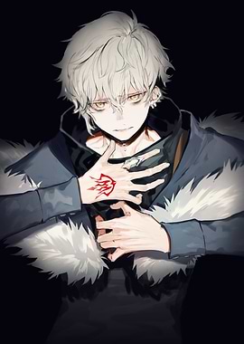 character with white hair and red tattoo