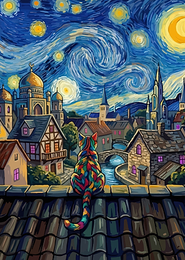 Cat Overlooking Starry Cityscape
