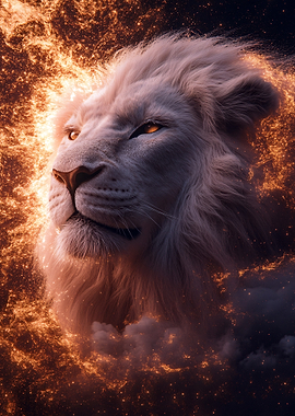 Majestic White Lion in Fiery Nebula