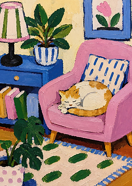 Cat sleeping in a pink armchair