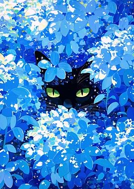 Black Cat Peeking Through Blue Flowers