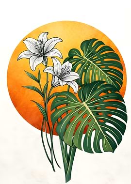 Tropical Flowers and Monstera Leaves